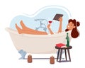 Cute Woman Finds Joy In Reading Books Lying in Tub with a Glass of Red Wine and Burning Candles, As She Explores Royalty Free Stock Photo