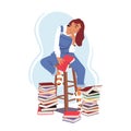 Cute Woman Finds Joy In Reading Books Sitting On High Stool In Library Or Home, Her Eyes Filled With Fascination
