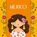 Cute woman with flowers in head mexico traditional floral decoration card