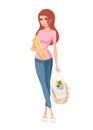 Cute woman with full plastic bag of food and bread in hand. Flat  illustration isolated on white background. Cartoon Royalty Free Stock Photo