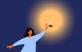 Vector illustration of illuminating dark night room by candle with cute woman holding candlestick handle lights up darkness Royalty Free Stock Photo