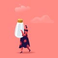 Cute Woman Holding Huge Salt Shaker Isolated on Pink Background. Cooking and Spice Concept