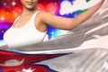 beautiful girl holds Nepal flag in front on the party lights - flag concept 3d illustration