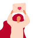 Cute woman with long hair hold big envelope with valentines invitation. Girl in love, love correspondence