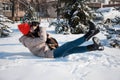 cute woman play with dog in winter. woman pet lover playing with her dog. woman outside with dog Royalty Free Stock Photo
