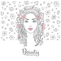 Cute woman portrait. Glamour fashion young beautiful woman flowers in hair and smile face vector background with place Royalty Free Stock Photo