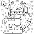 Seamstress using her sewing machine. Vector black and white coloring page.