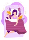 Cute woman are sleeping at night in her bed under blanket. Sweet dreams concept with floral, leaves background vector illustration Royalty Free Stock Photo