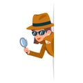 Cute woman snoop detective magnifying glass tec peeking out corner search help noir female cartoon character design Royalty Free Stock Photo