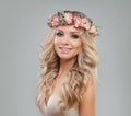 Cute Woman with Spring Flowers, Long Wavy Hair