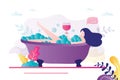 Cute woman taking bath with bubbles. Female character relaxes in bath with foam. Cartoon girl in bathroom lies with large glass of