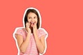 Cute woman talking on mobile phone, laughing with joy and happy, one hand covering the mouth. emotional girl Magazine collage Royalty Free Stock Photo