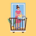 Cute woman watering flowers in balcony vector illustration