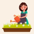 Cute woman is watering the flowers. Vector illustration