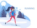 Cute Woman In Winter Gear Running Outside In Snow-covered Park. Vector Illustration. Girl Running Winter Marathon.