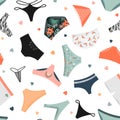 Cute women panties seamless pattern. Underwear background. Female lingerie symbols collection, vector illustration on