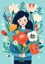 Women beauty card lady spring cute young bouquet female face background floral illustration flower women