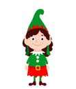 A cute and wonderful elf girl in a red and green suit stands straight and smiles. Royalty Free Stock Photo