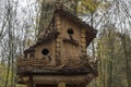 Cute wooden birdhouse attached to white birch trunk made of boards and cut twigs with gable roof