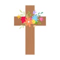 A cute wooden cross decorated with bright flowers Royalty Free Stock Photo