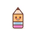 Cute wooden pencil rubber eraser cartoon comic character with smiling face happy emoji kawaii style back to school