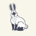 Cute woodland animal, forest beast outline. Fluffy bunny with long ears, wild hare sitting. Funny coney smiles. Wood