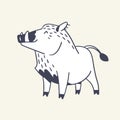 Cute woodland animal, forest beast outline. Happy boar smiles contour sketch in childish style. Wild pig with tusks Royalty Free Stock Photo