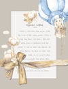 Cute woodland animals cartoon illustration for baby shower card template. Greeting, born, invite design card watercolor Royalty Free Stock Photo