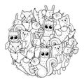 Cute woodland animals circle shape pattern for coloring book