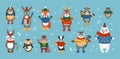 Cute woodland animals, forest rabbit and hedgehog, fox and penguin characters in warm clothes, winter owl, polar bear