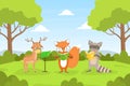 Cute Woodland Animals in Glasses Sitting on Lawn and Reading Books, Deer, Fox and Raoon Characters Studying Cartoon Royalty Free Stock Photo