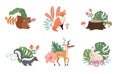 Cute woodland object collection with skunk,rabbit,fox,deer,stump and leaves.Vector illustration for icon,sticker,printable