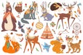 Cute woodland tribal animals, boho tribe forest animal. Fox, owl, wolf, bear, deer characters with american indian