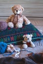 Cute wool teddy bear is lying in the bed Royalty Free Stock Photo