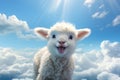 Cute woolly lamb standing in a fluffy soft clouds in a sky