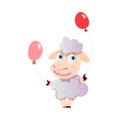 Cute Wooly Sheep Greeting with Birthday Holding Balloons Vector Illustration