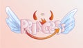 Cute word Princess with crown, evil horns and tail and angels wings on pastel pink background. Princess crown and bad