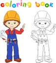 Cute worker or engineer in a uniform and helmet with tools and d