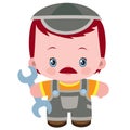 Cute worker in overalls and with a wrench in his hands, repair, flat, isolated object on a white background, vector illustration