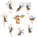 Cute Working Bees Flying around the Hive, Cute Happy Funny Bee Characters Collecting Honey Cartoon Vector Illustration Royalty Free Stock Photo