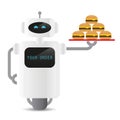 Cute working service robot holding a tablet with burger