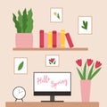 Cute workplace with computer and flowers