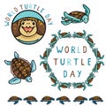 Cute world turtle day graphics cartoon vector illustration motif set Royalty Free Stock Photo