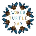 Cute world turtle day kaleidoscope cartoon vector illustration motif set Royalty Free Stock Photo