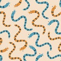 Cute worms hand drawn vector illustration. Funny colorful character in flat style seamless pattern for kids fabric.