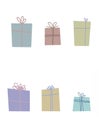 cute wrapped gifts for any occasion in different sizes and different pastel colors, six pieces, on a white background