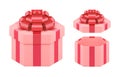 Cute wrapped pink open and closed festive polygon gift box decorated by red bow ribbon 3d template