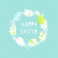 Cute wreath with Easter eggs, greeting card on a blue background. willow. Wallpaper, flyers, web design, brochure