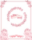 Cute wreath with leaves, white pink flowers, Circle and inflorescence Hydrangea, illustration in vintage watercolor style Romantic