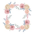 Cute wreath with leaves, white Roses, Pyrethrum and inflorescence Hydrangea, illustration in vintage watercolor style